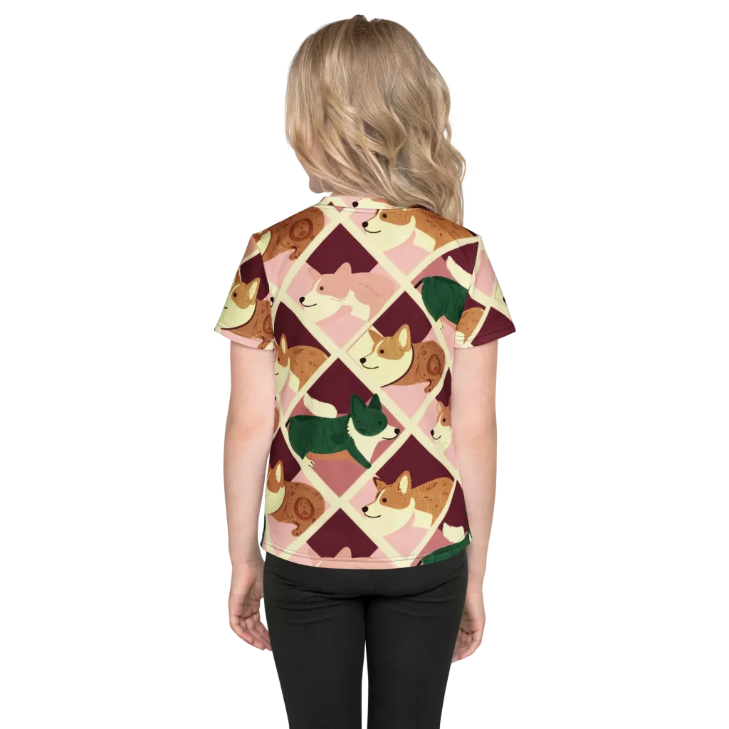 Corgi Quilt on Kids Crew Neck T-Shirt — Back