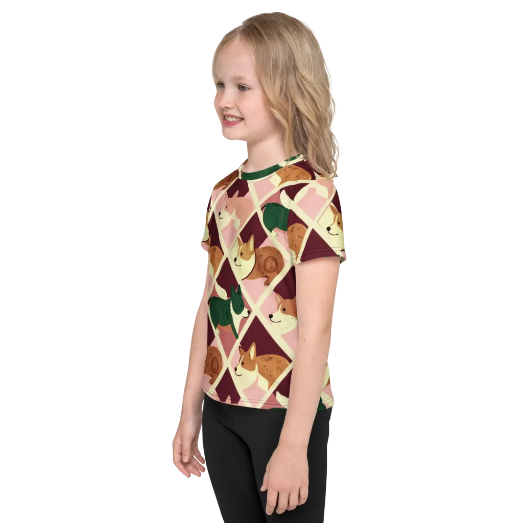 Corgi Quilt on Kids Crew Neck T-Shirt — Left