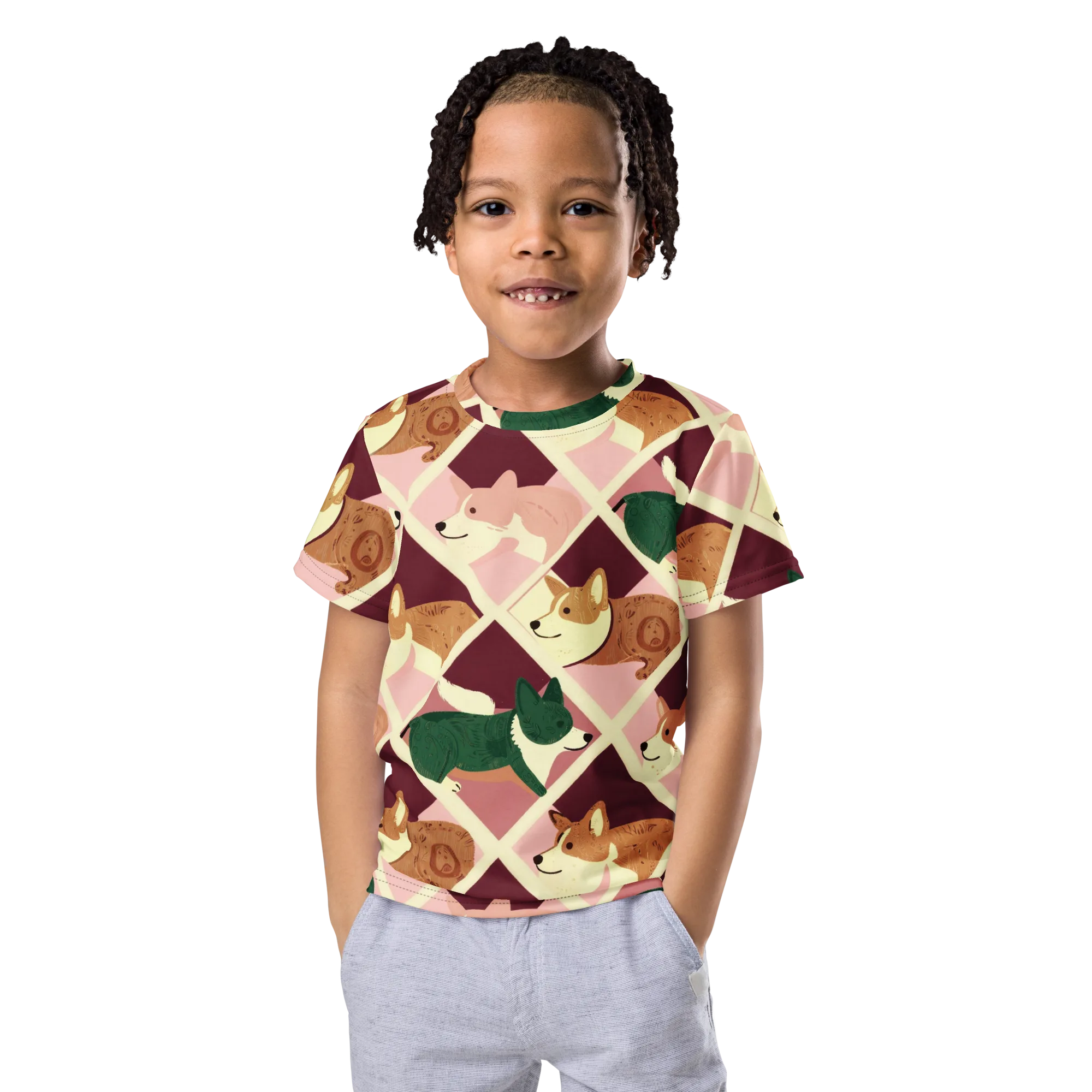 Corgi Quilt on Kids Crew Neck T-Shirt — Front