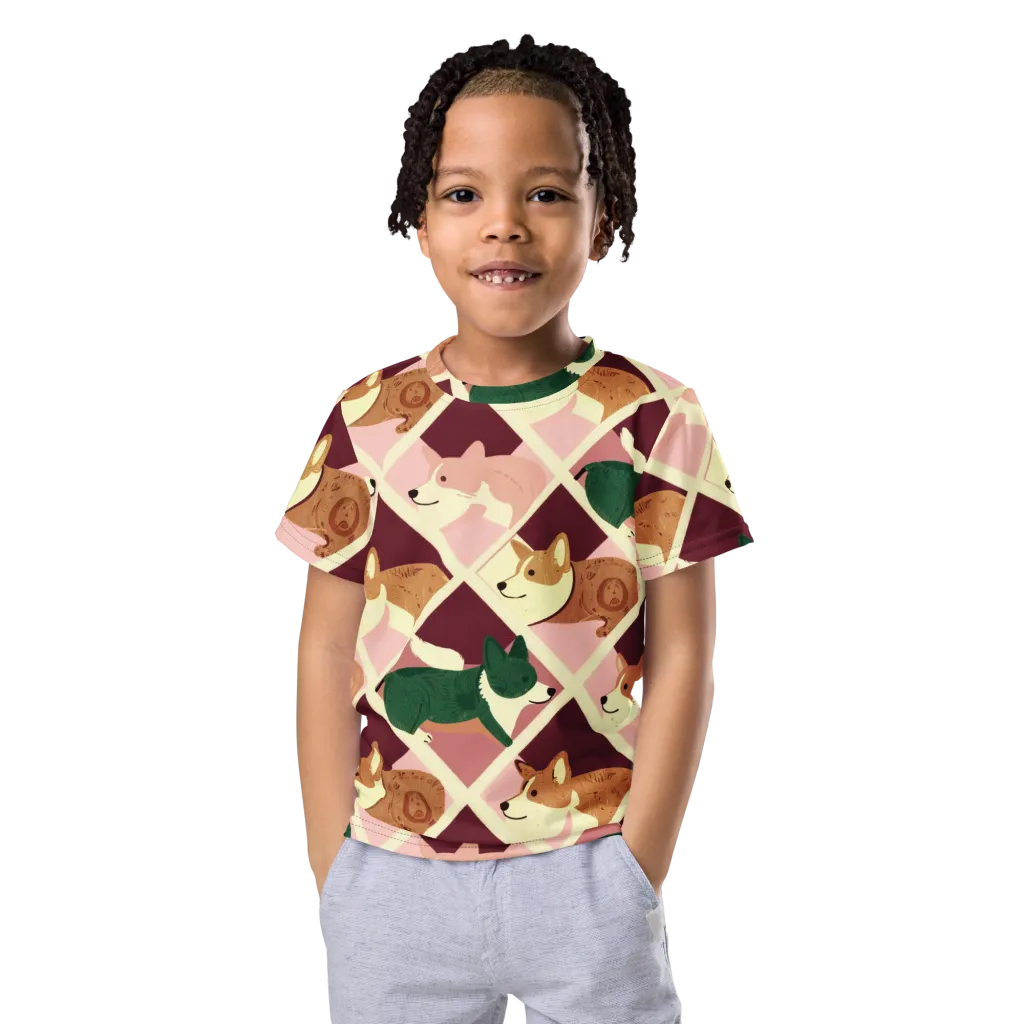 Corgi Quilt on Kids Crew Neck T-Shirt — Front