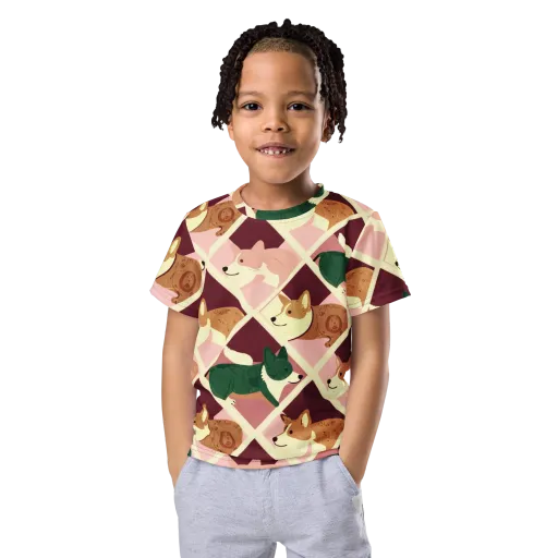 Corgi Quilt on a Kids Crew Neck T-Shirt
