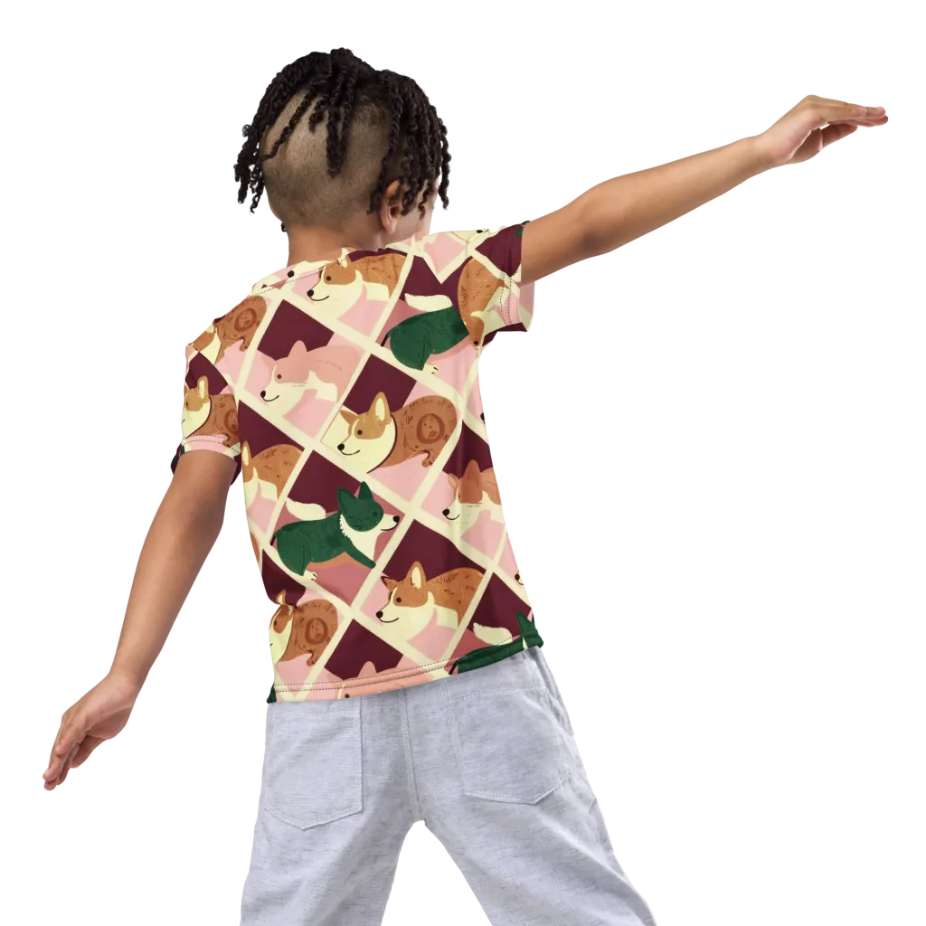 Corgi Quilt on Kids Crew Neck T-Shirt — Back