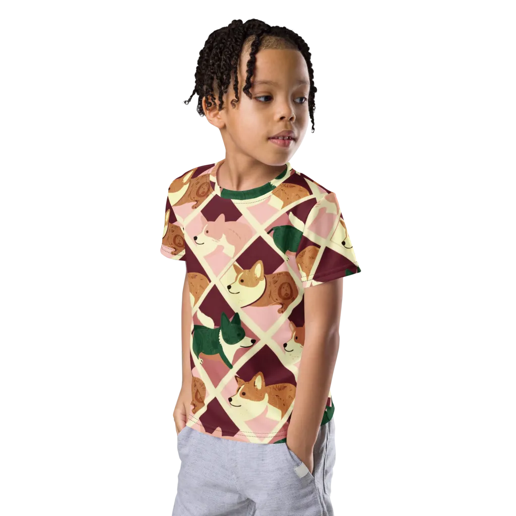 Corgi Quilt on Kids Crew Neck T-Shirt — Left Front