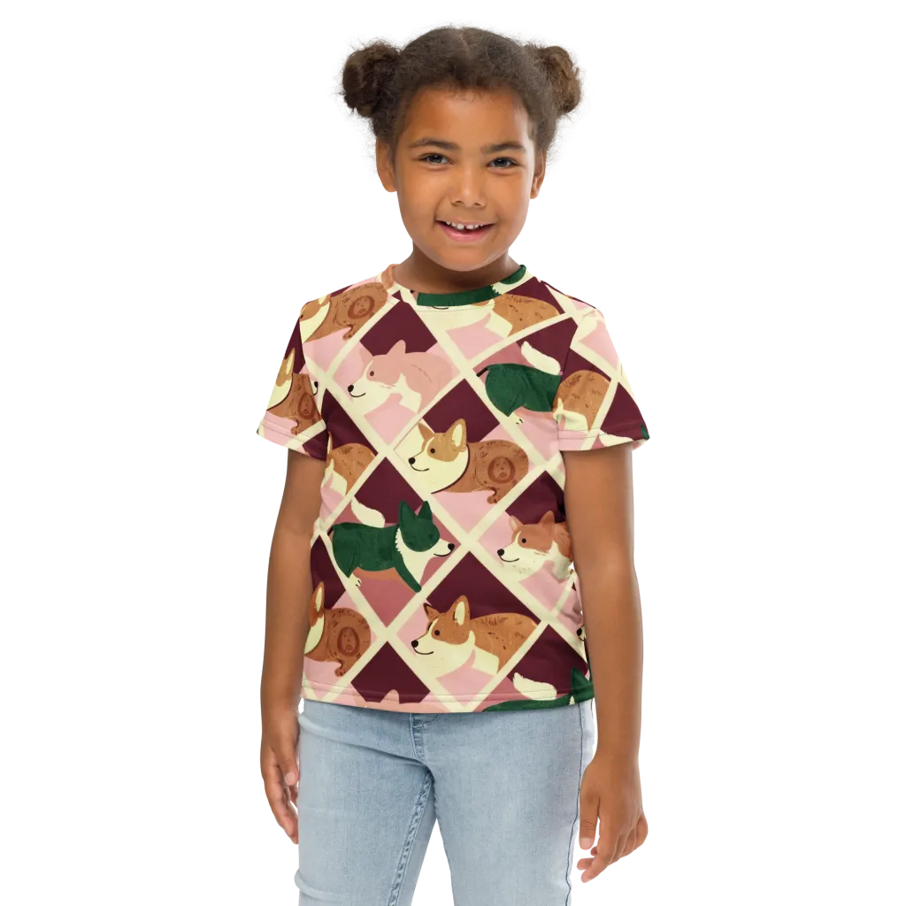 Corgi Quilt on Kids Crew Neck T-Shirt — Front