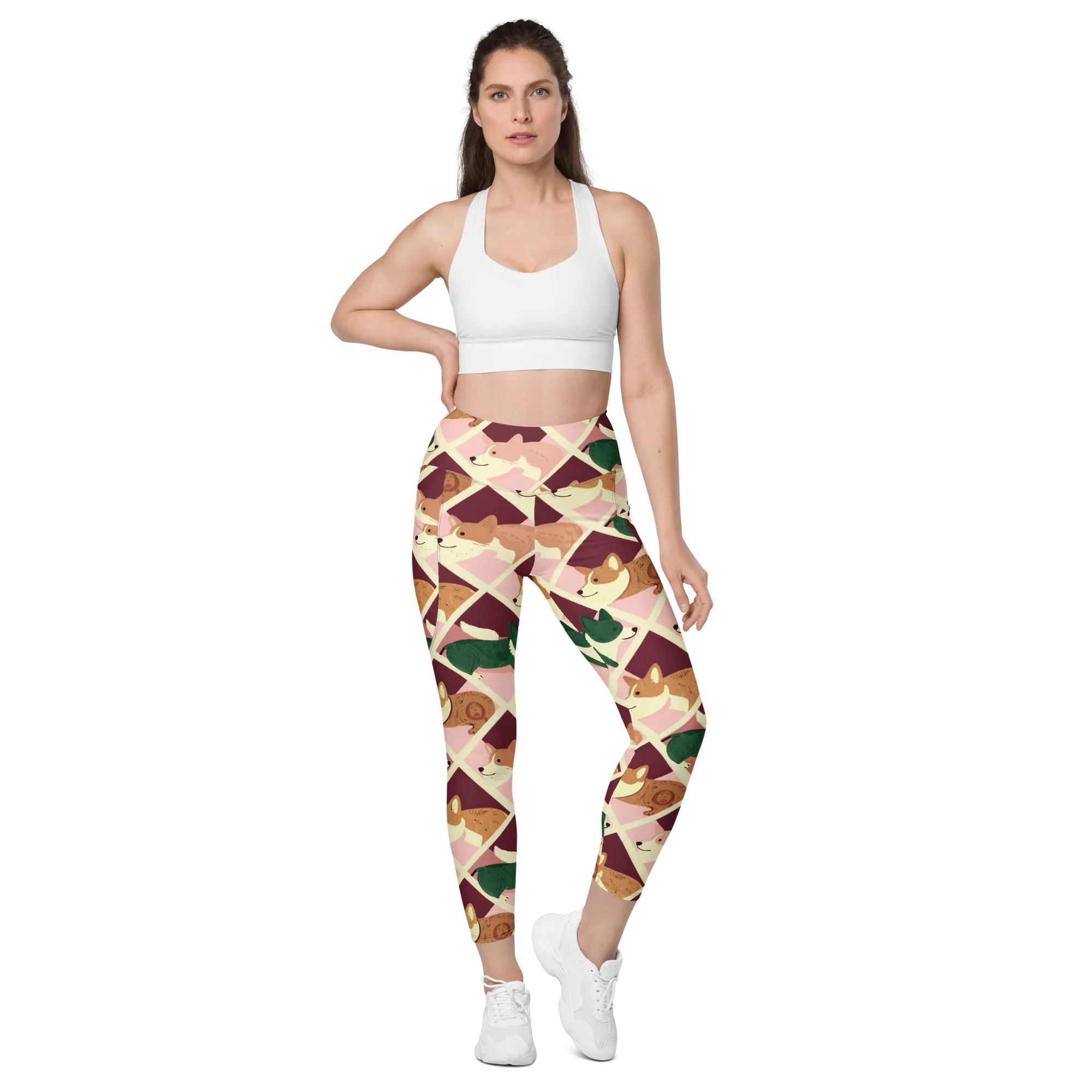 Corgi Quilt on Leggings with Pockets — Front