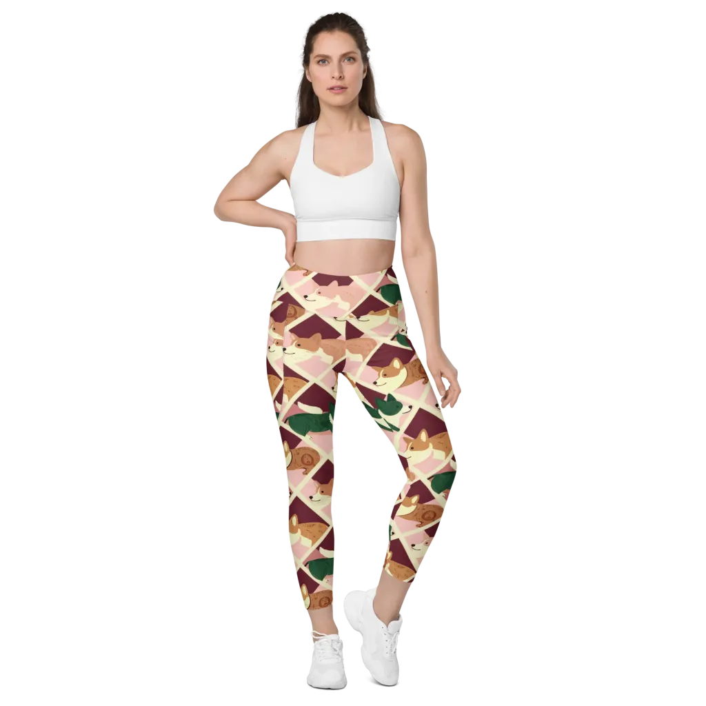 Corgi Quilt on Leggings with Pockets — Front