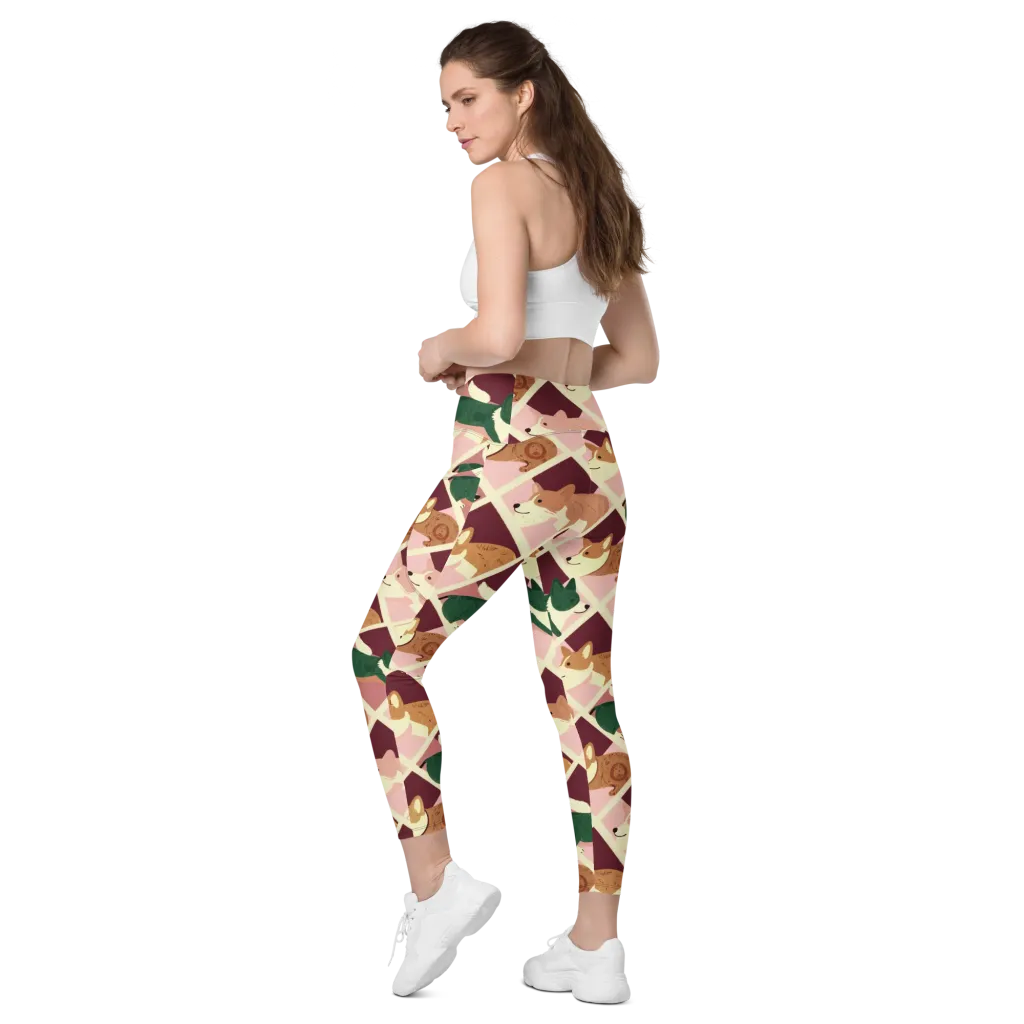 Corgi Quilt on Leggings with Pockets — Left Back