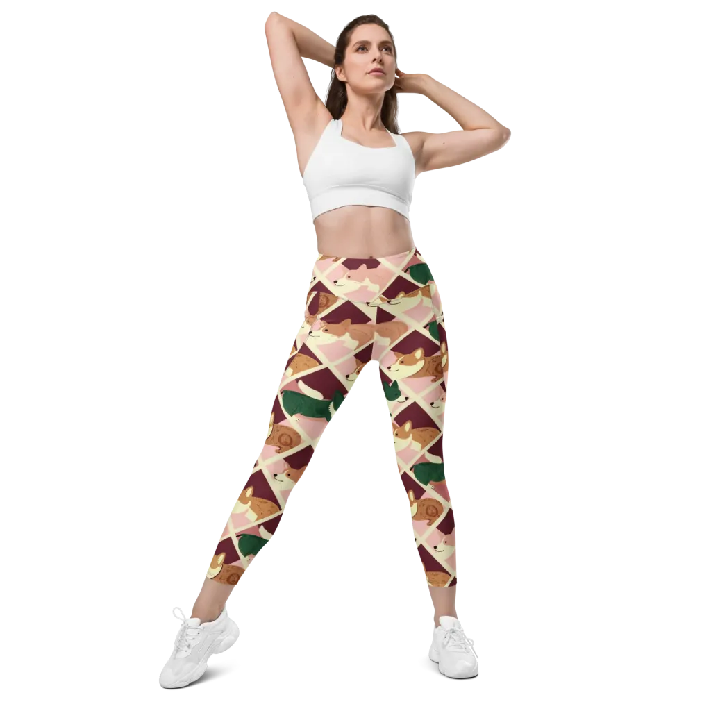 Corgi Quilt on Leggings with Pockets — Front