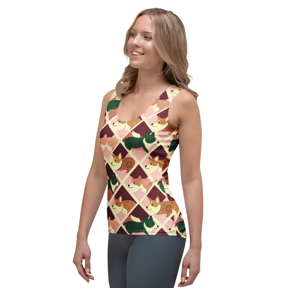 Corgi Quilt on Women's Tank Top — Left Front