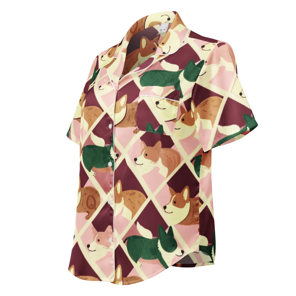 Corgi Quilt on Women's Short Sleeve Pajama Top — Left Front