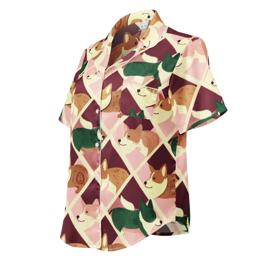 Corgi Quilt on Women's Short Sleeve Pajama Top — Left Front