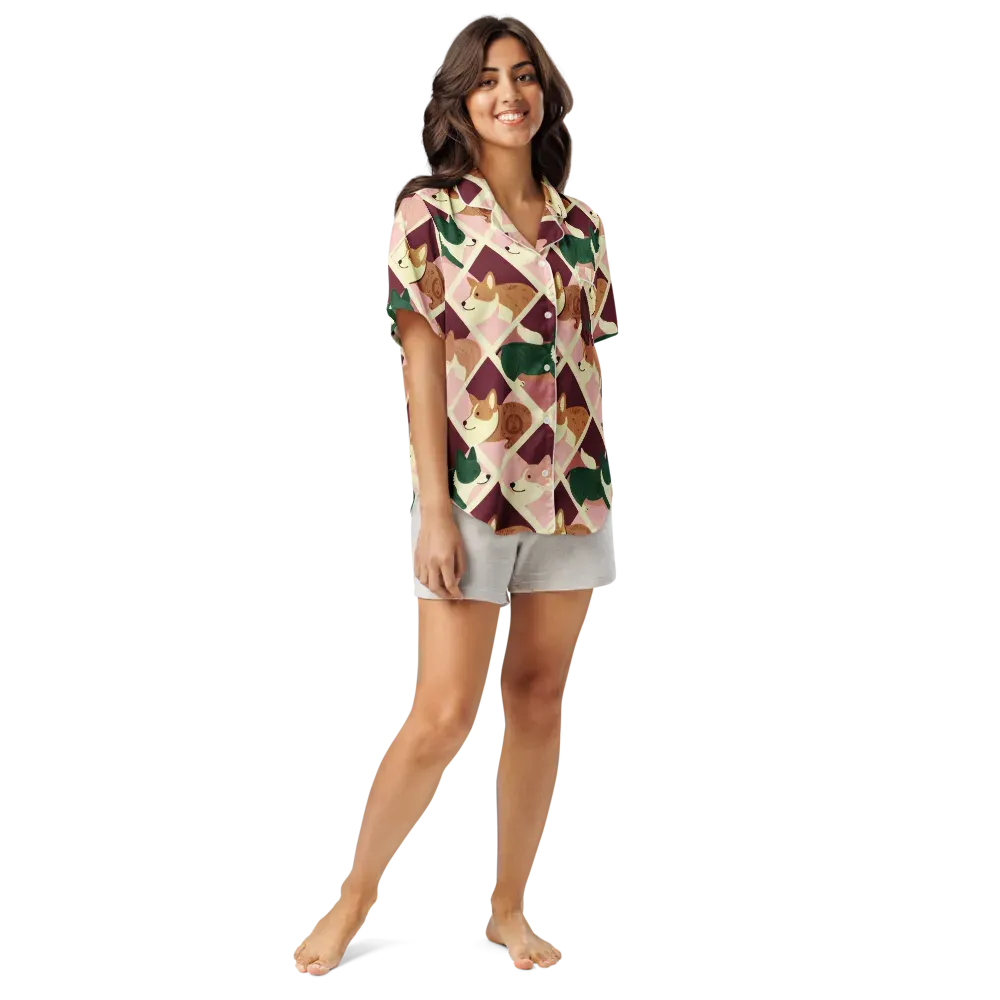 Corgi Quilt on Women's Short Sleeve Pajama Top — Front