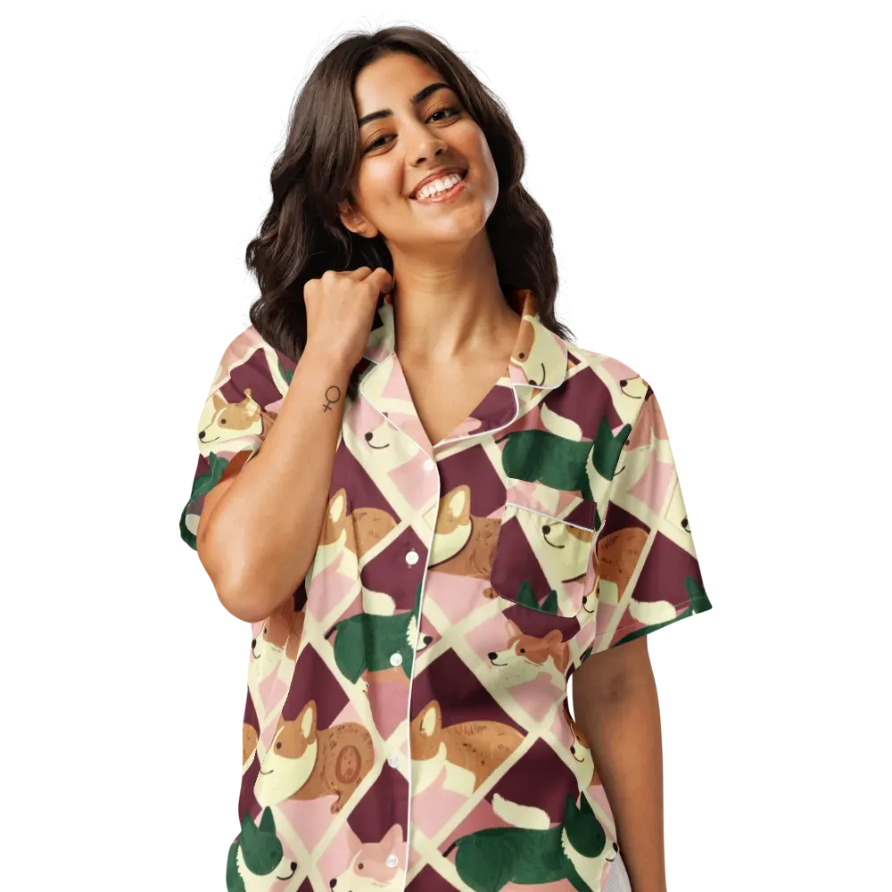 Corgi Quilt on Women's Short Sleeve Pajama Top — Front