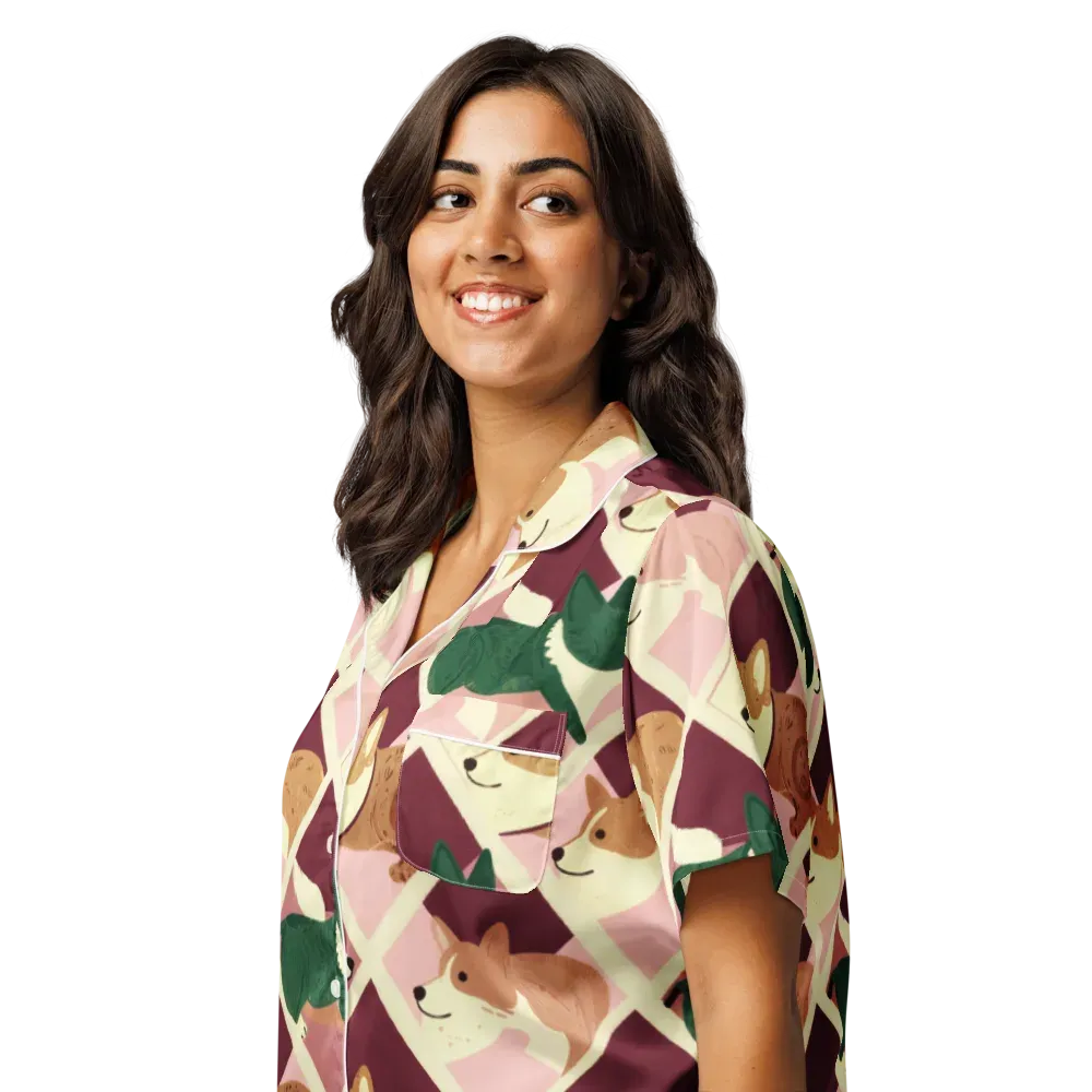 Corgi Quilt on Women's Short Sleeve Pajama Top — Left Front
