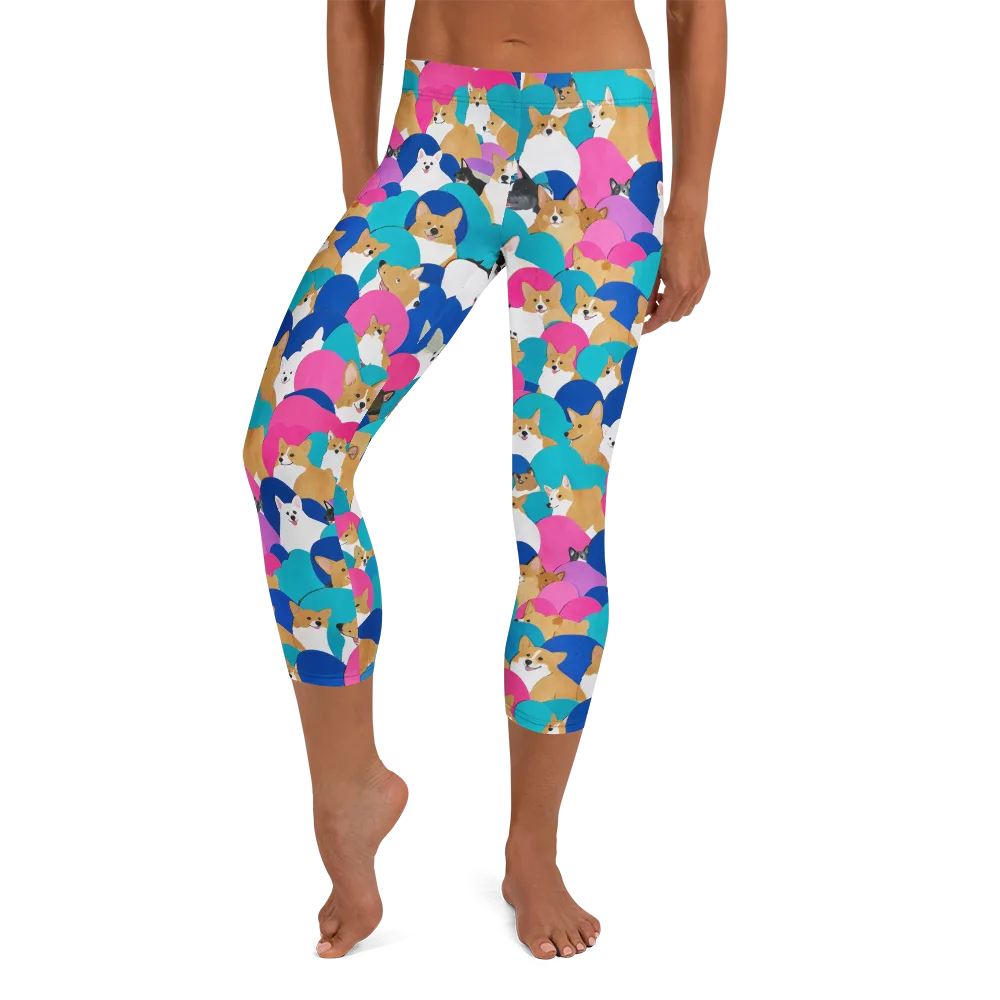 Cobalt Corgi Club on Capri Leggings — Front