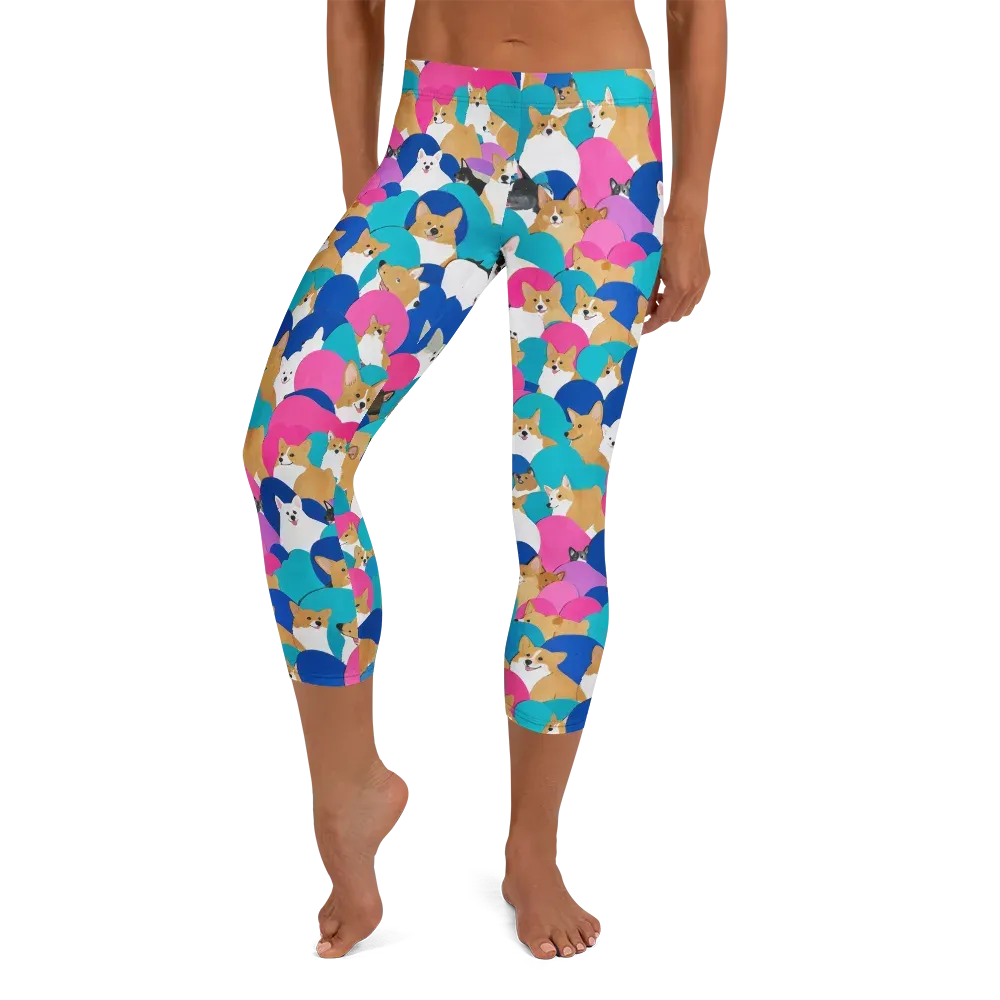 Cobalt Corgi Club on Capri Leggings — Front