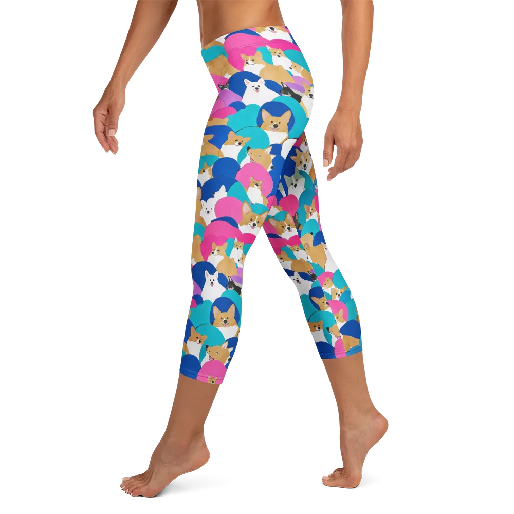 Cobalt Corgi Club on Capri Leggings — Left