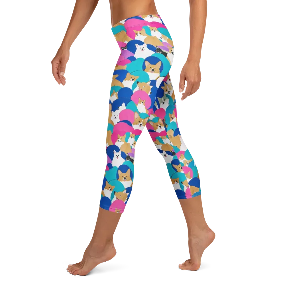Cobalt Corgi Club on Capri Leggings — Left