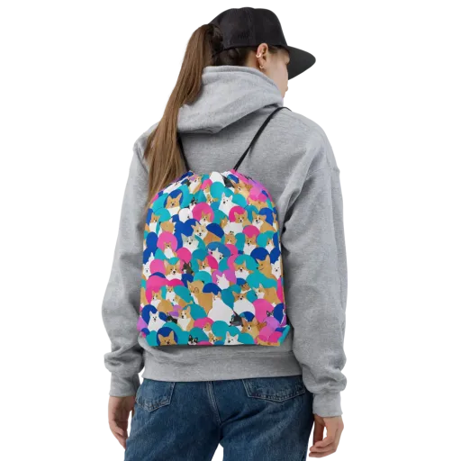 Cobalt Corgi Club on a Drawstring Bag