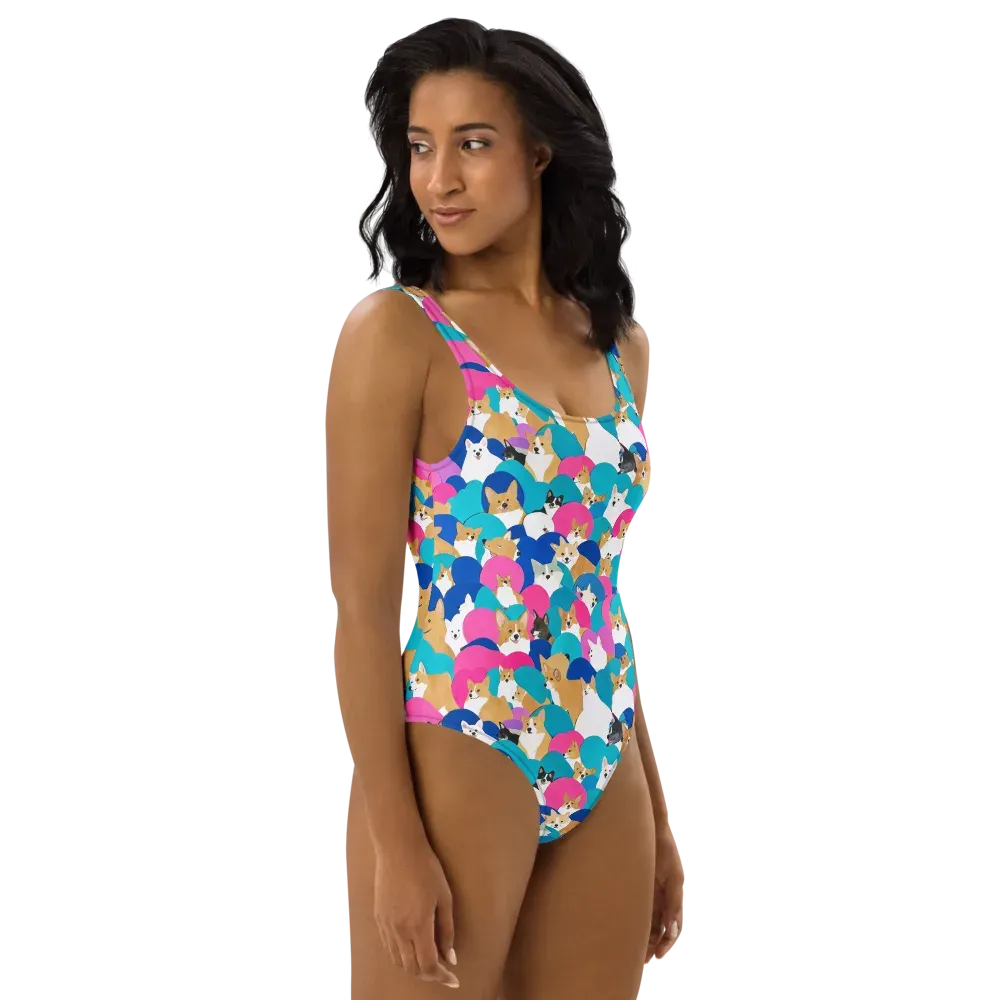 Cobalt Corgi Club on One-Piece Swimsuit — Right