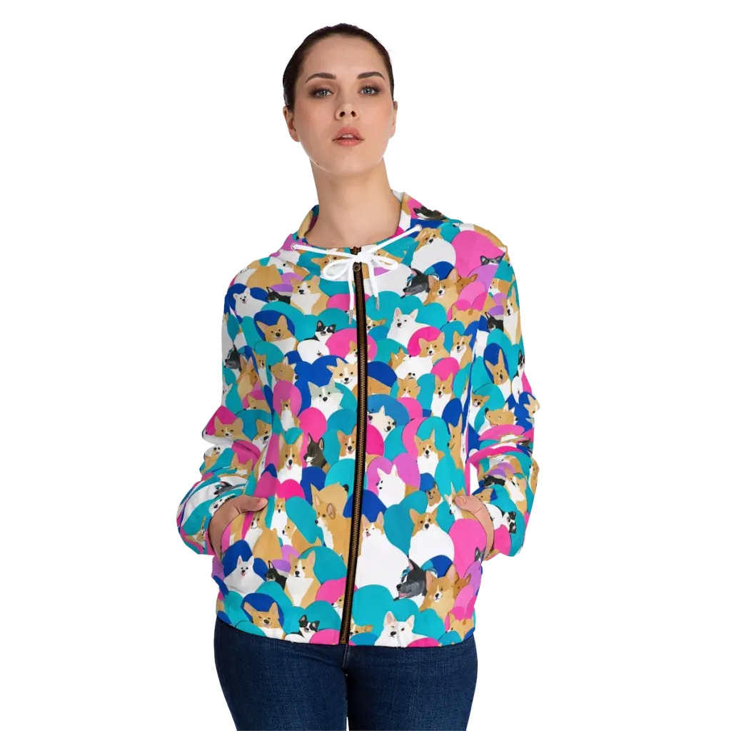 Cobalt Corgi Club on Women's Full-Zip Hoodie — Front On Person