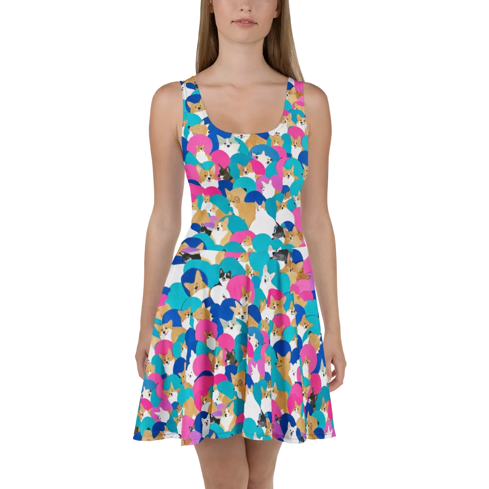 Cobalt Corgi Club on Skater Dress — Front