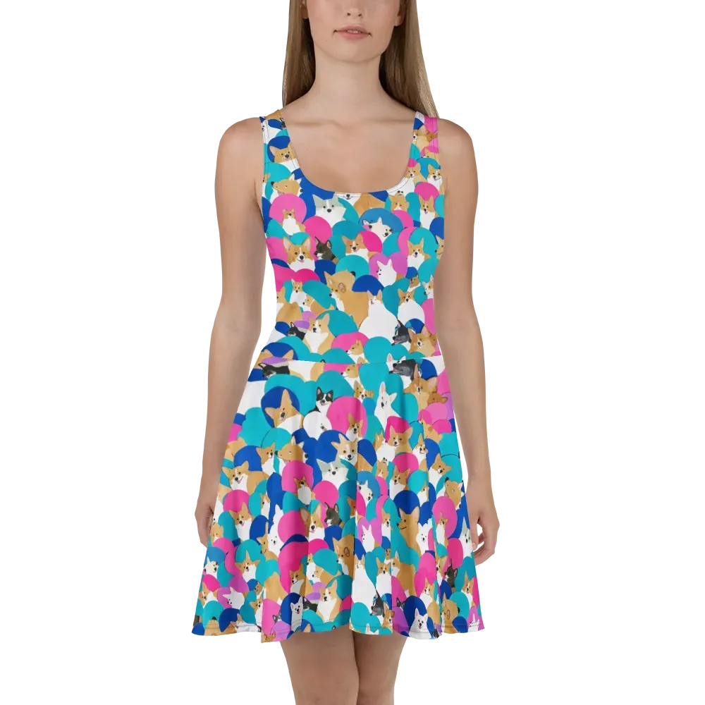 Cobalt Corgi Club on Skater Dress — Front