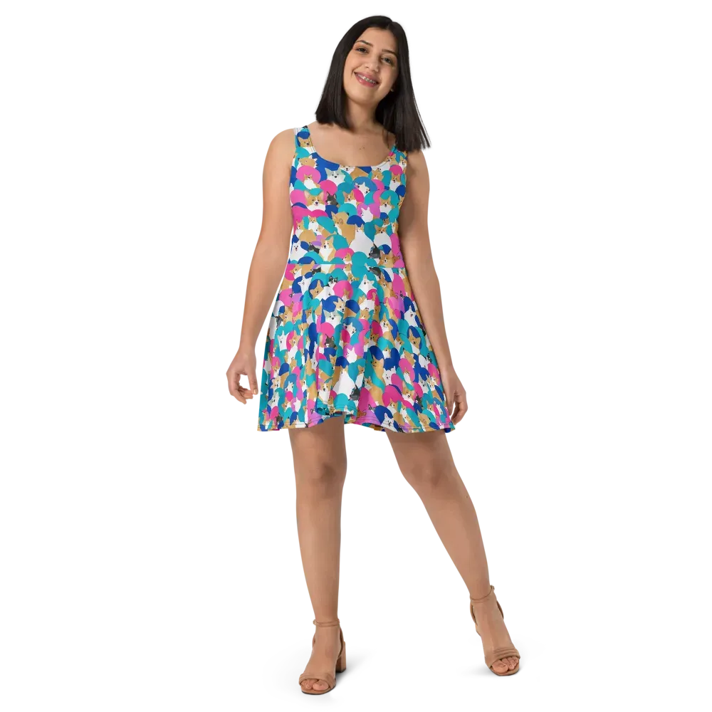 Cobalt Corgi Club on Skater Dress — Front