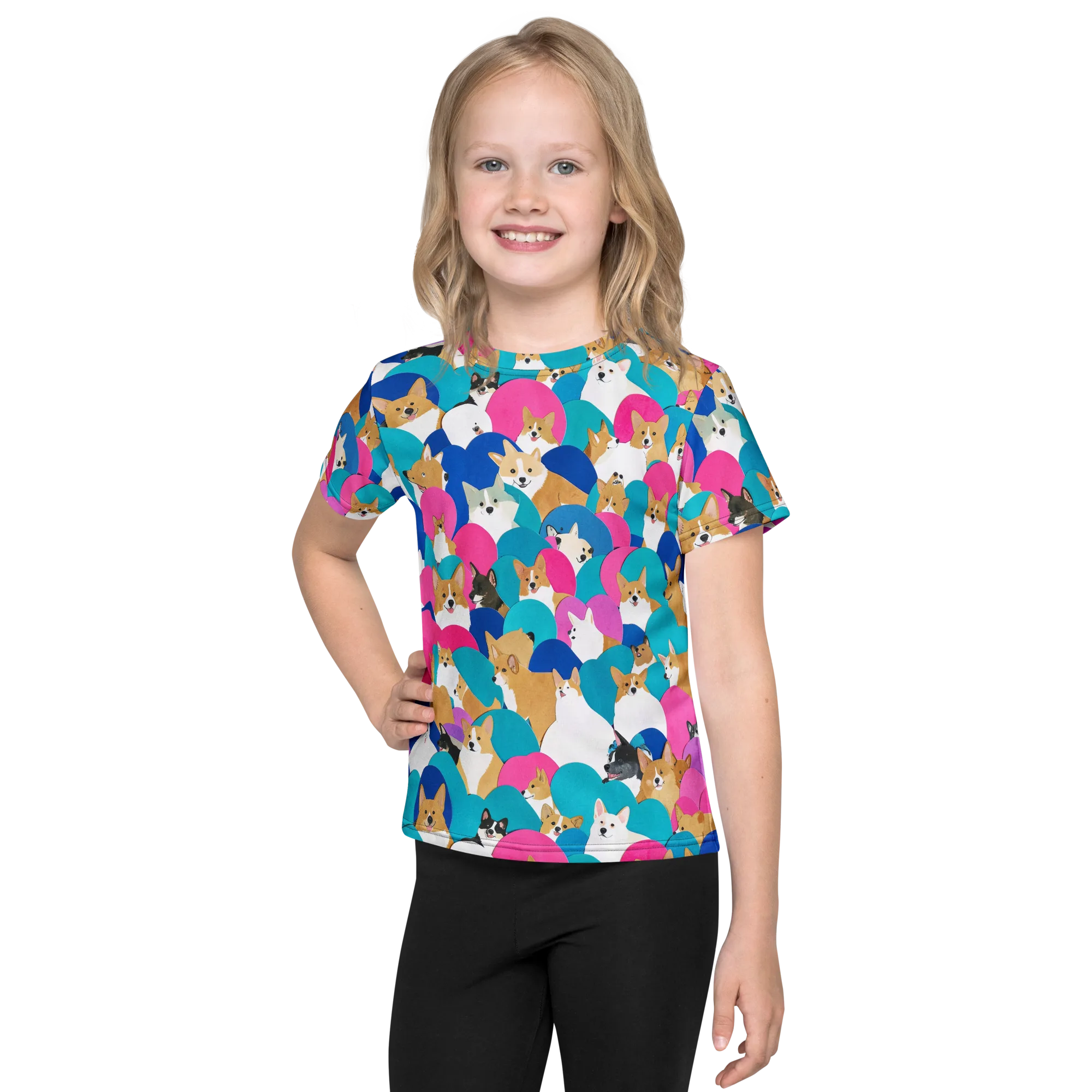 Cobalt Corgi Club on Kids Crew Neck T-Shirt — Front