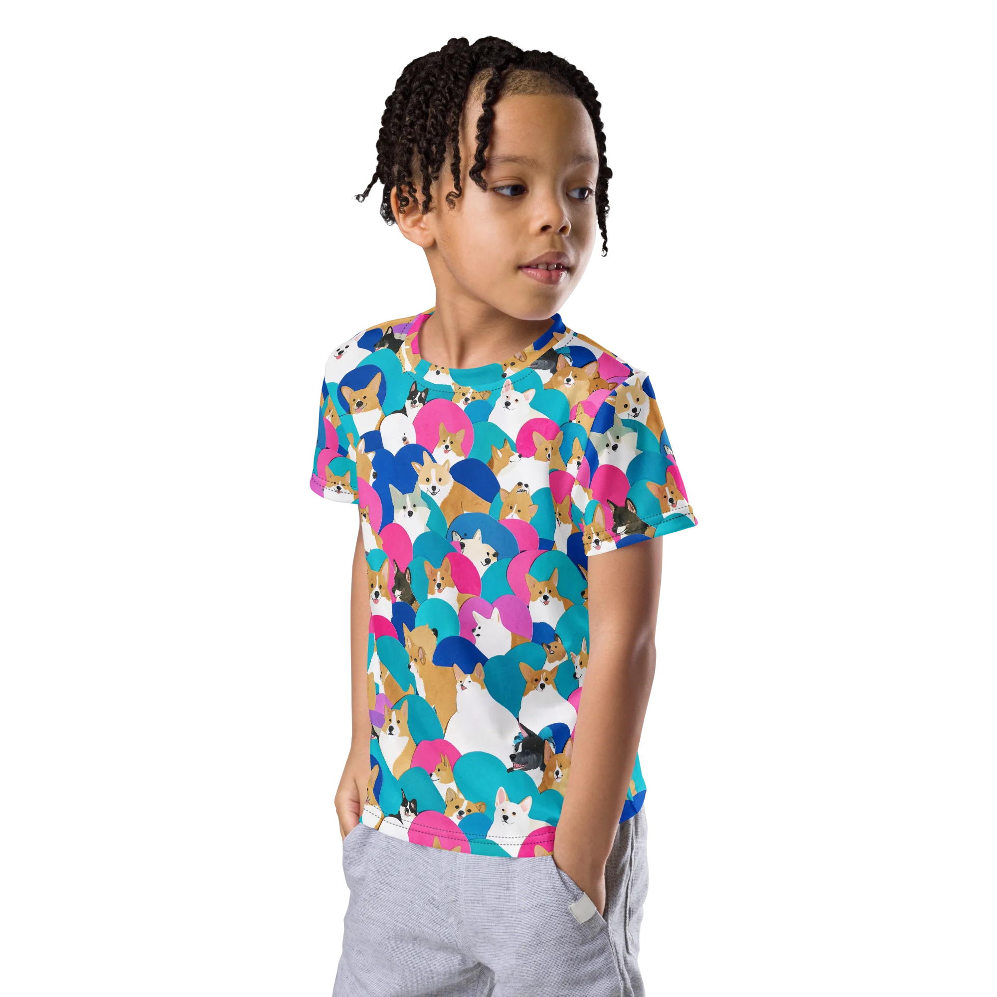 Cobalt Corgi Club on Kids Crew Neck T-Shirt — Left Front