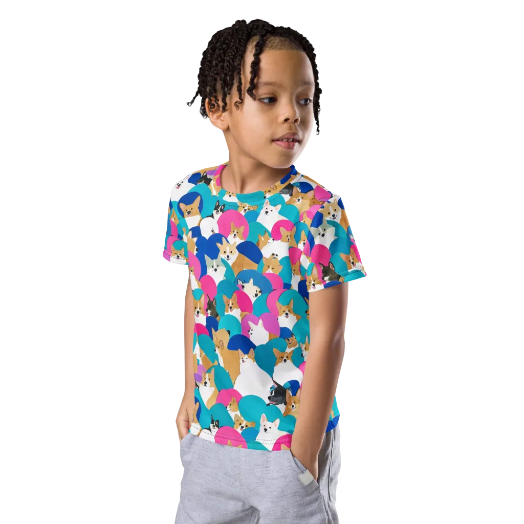 Cobalt Corgi Club on Kids Crew Neck T-Shirt — Left Front