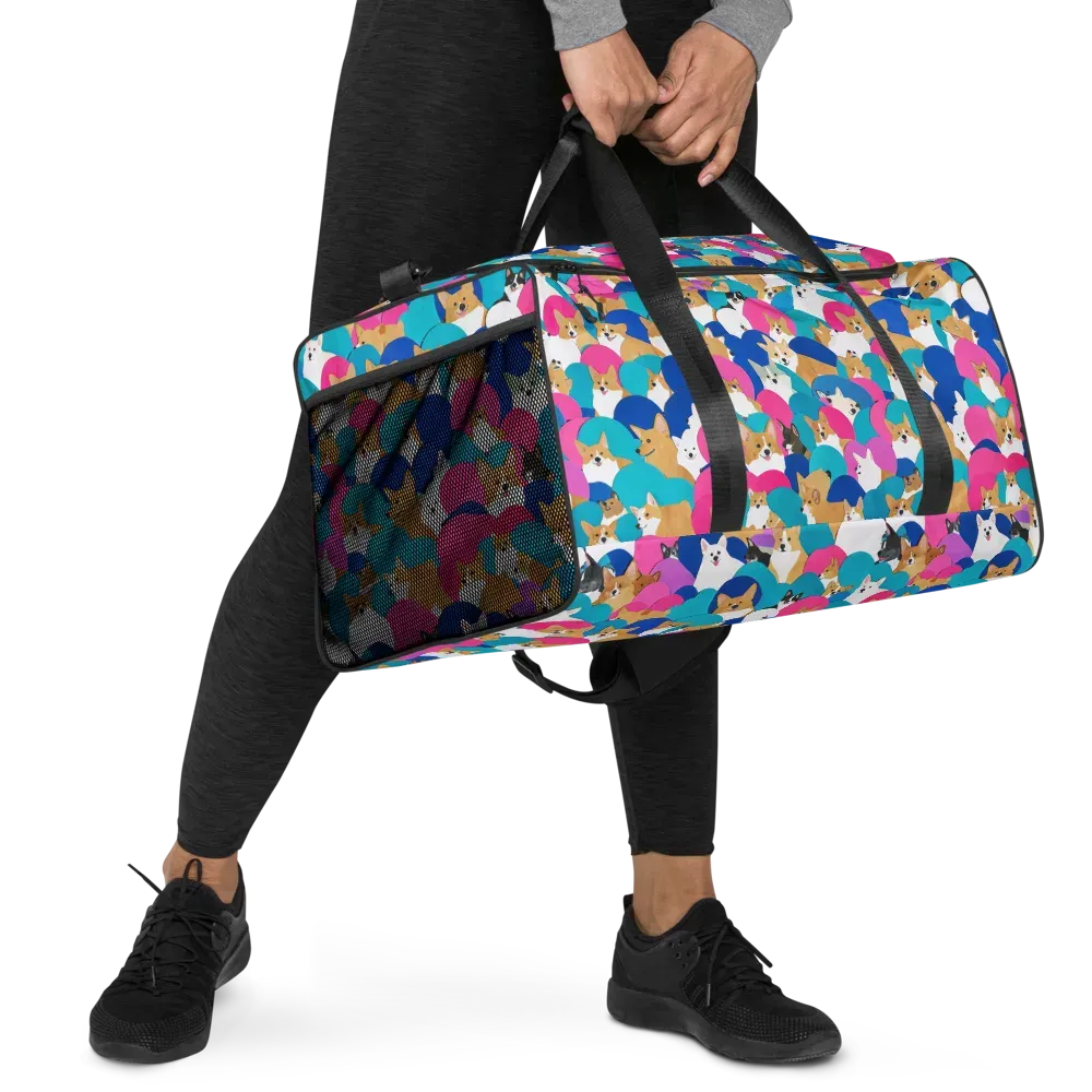Cobalt Corgi Club on Duffle Bag — Right Front