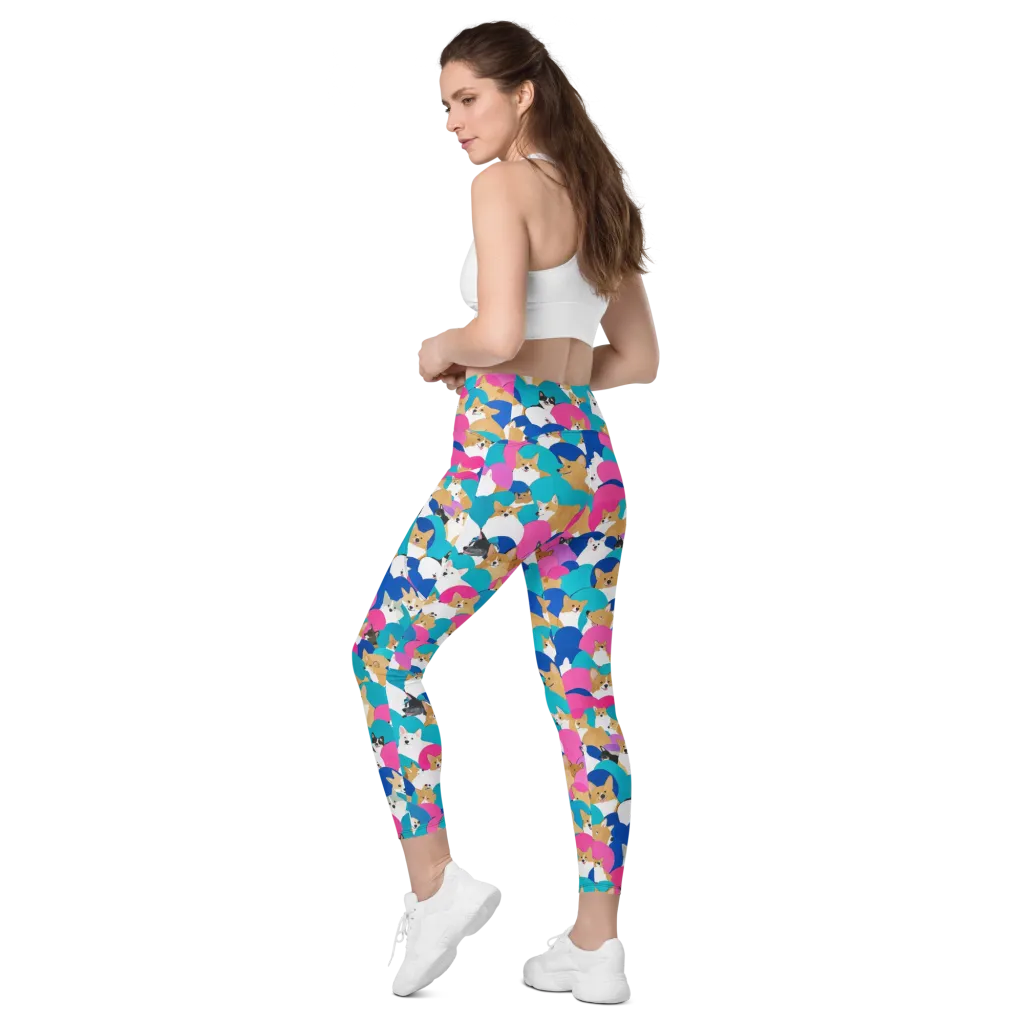 Cobalt Corgi Club on Leggings with Pockets — Left Back