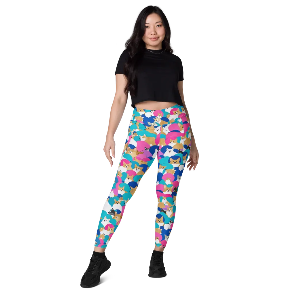 Cobalt Corgi Club on Leggings with Pockets — Front