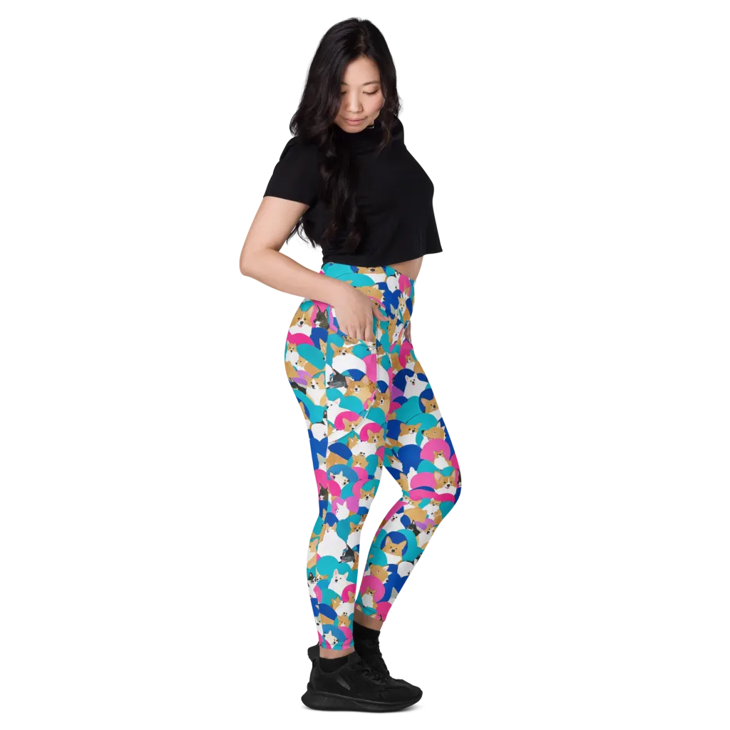 Cobalt Corgi Club on Leggings with Pockets — Right