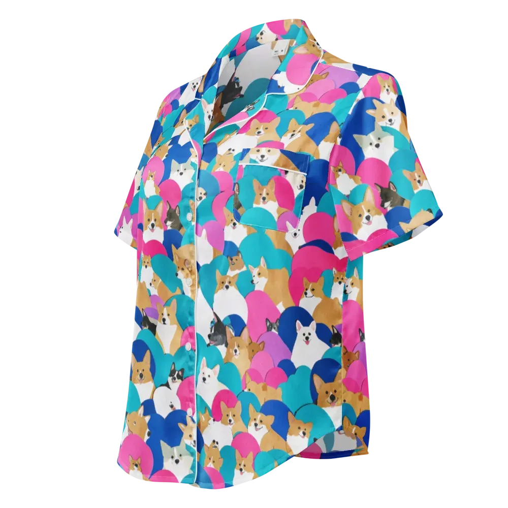 Cobalt Corgi Club on Women's Short Sleeve Pajama Top — Left Front