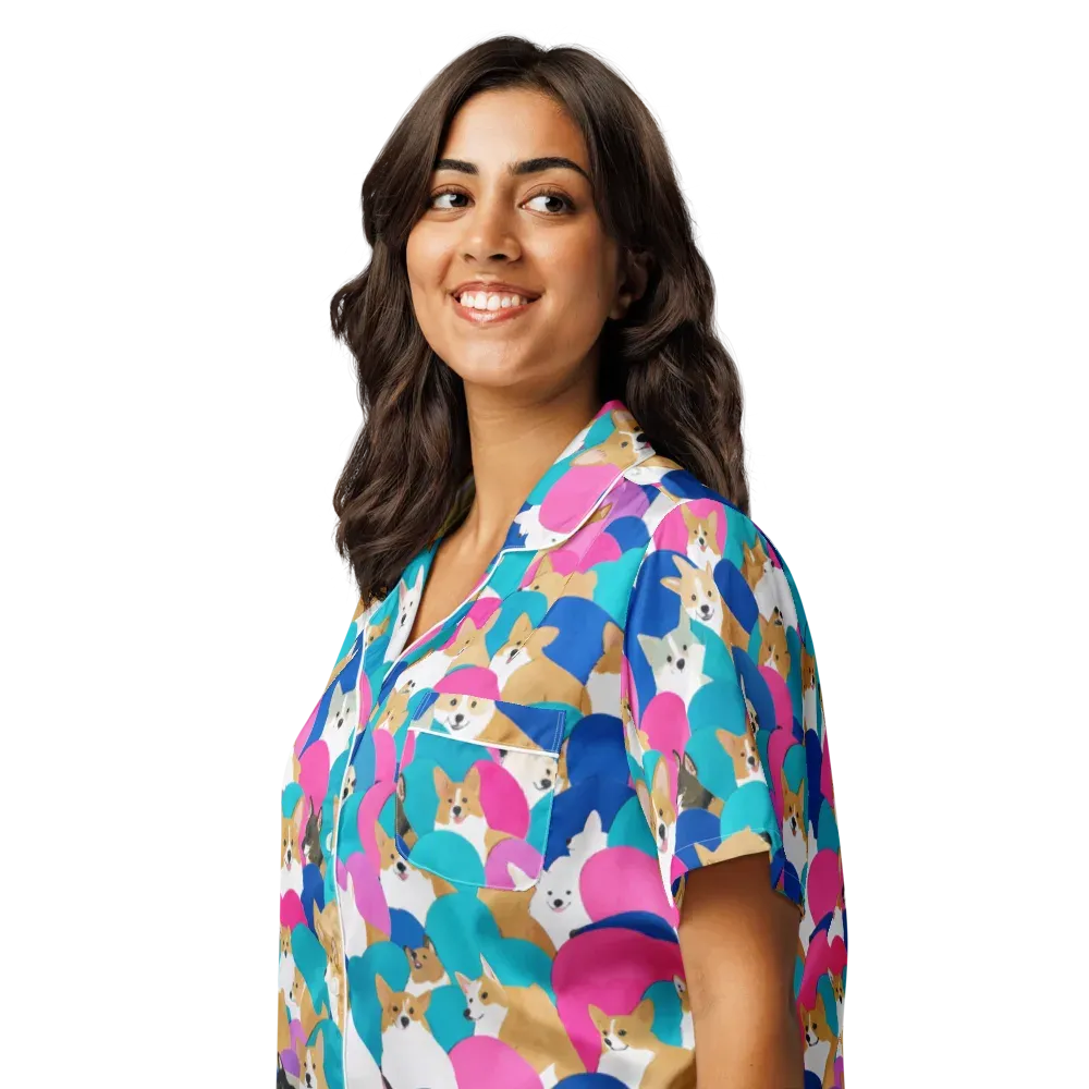 Cobalt Corgi Club on Women's Short Sleeve Pajama Top — Left Front