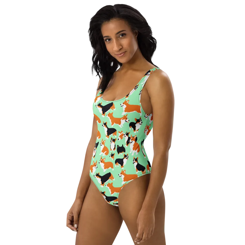 Minted Corgis on One-Piece Swimsuit — Left