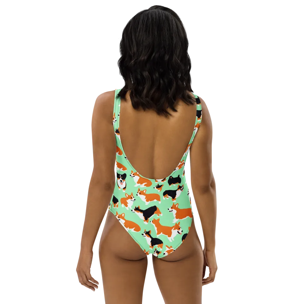 Minted Corgis on One-Piece Swimsuit — Back