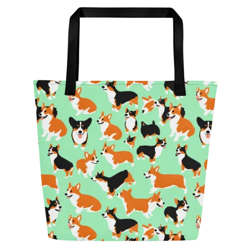 Minted Corgis on a Large Tote Bag W/ Pocket