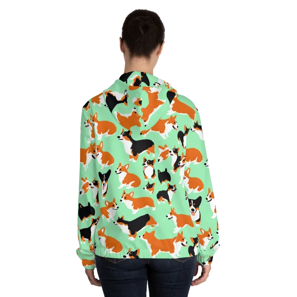 Minted Corgis on Women's Full-Zip Hoodie — Back On Person