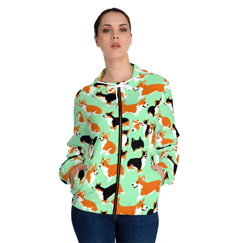 Minted Corgis on Women's Full-Zip Hoodie — Front On Person