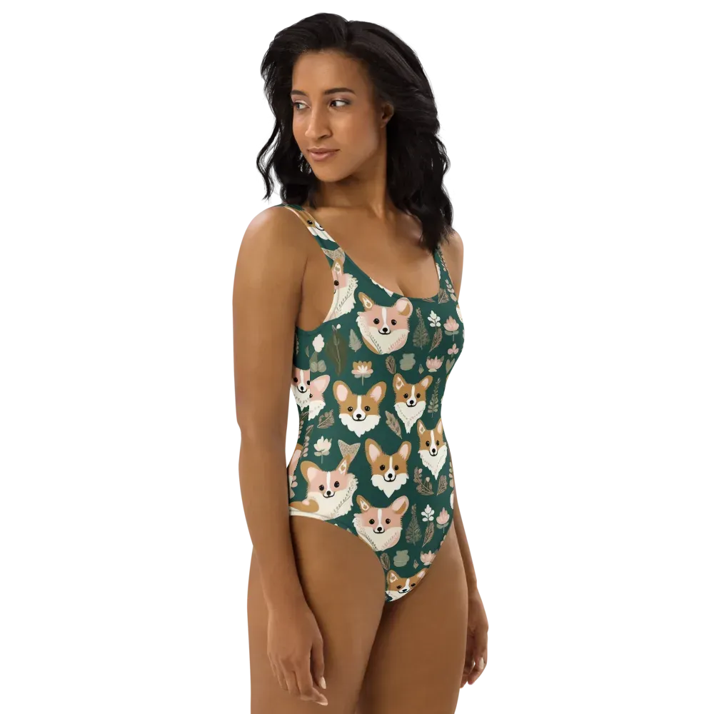 Corgi Cottage on One-Piece Swimsuit — Right
