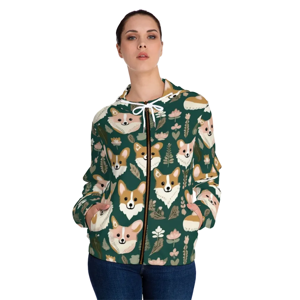 Corgi Cottage on Women's Full-Zip Hoodie — Front On Person