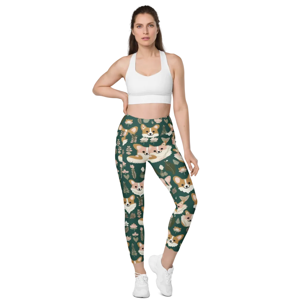 Corgi Cottage on Leggings with Pockets — Front