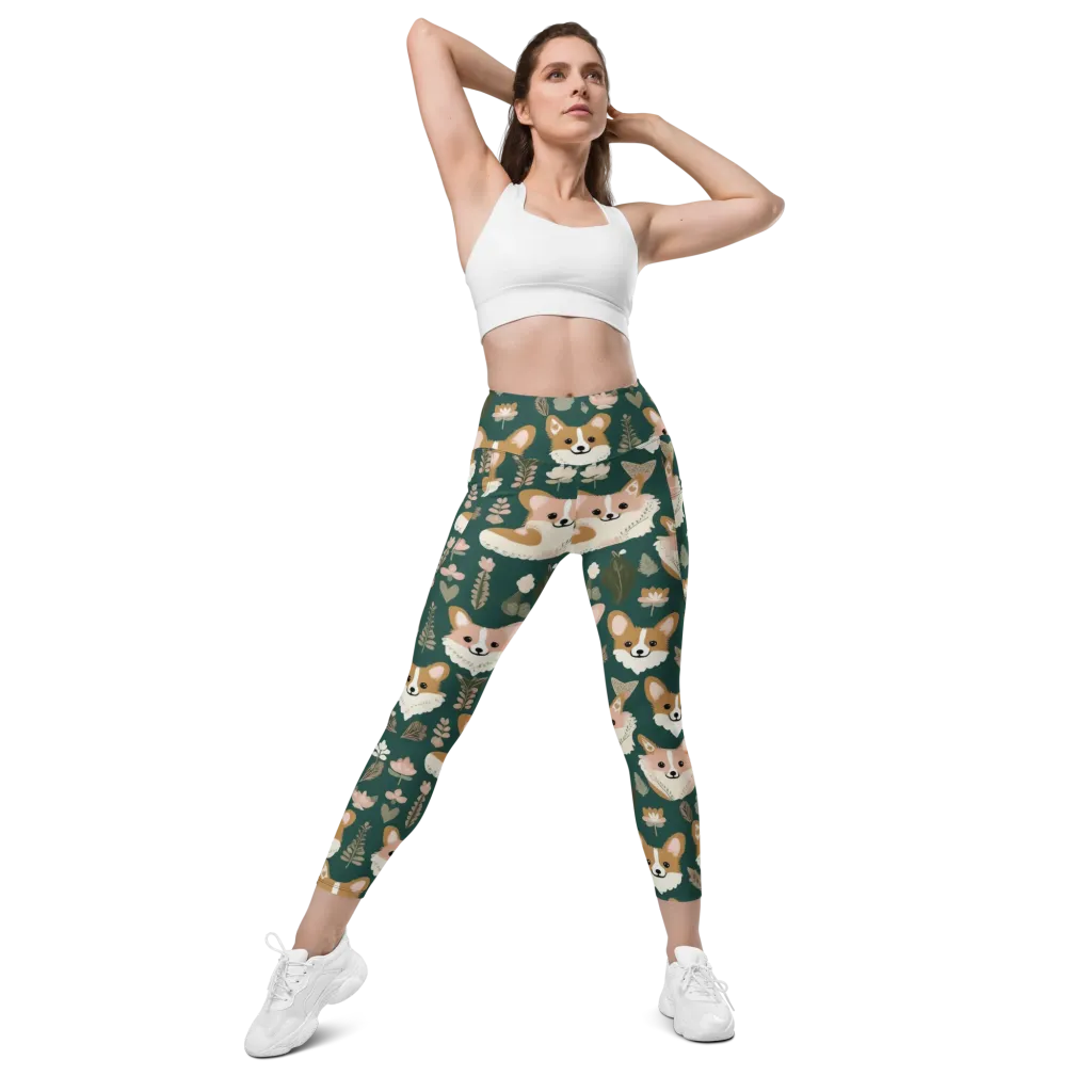 Corgi Cottage on Leggings with Pockets — Front