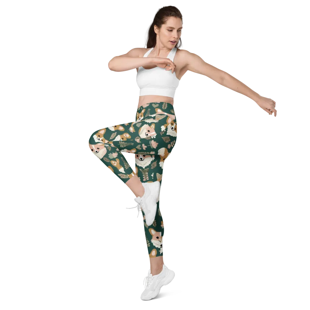 Corgi Cottage on Leggings with Pockets — Left Front