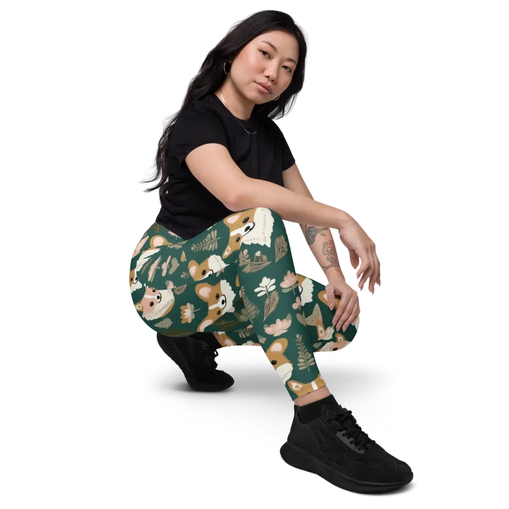 Corgi Cottage on Leggings with Pockets — Right Front