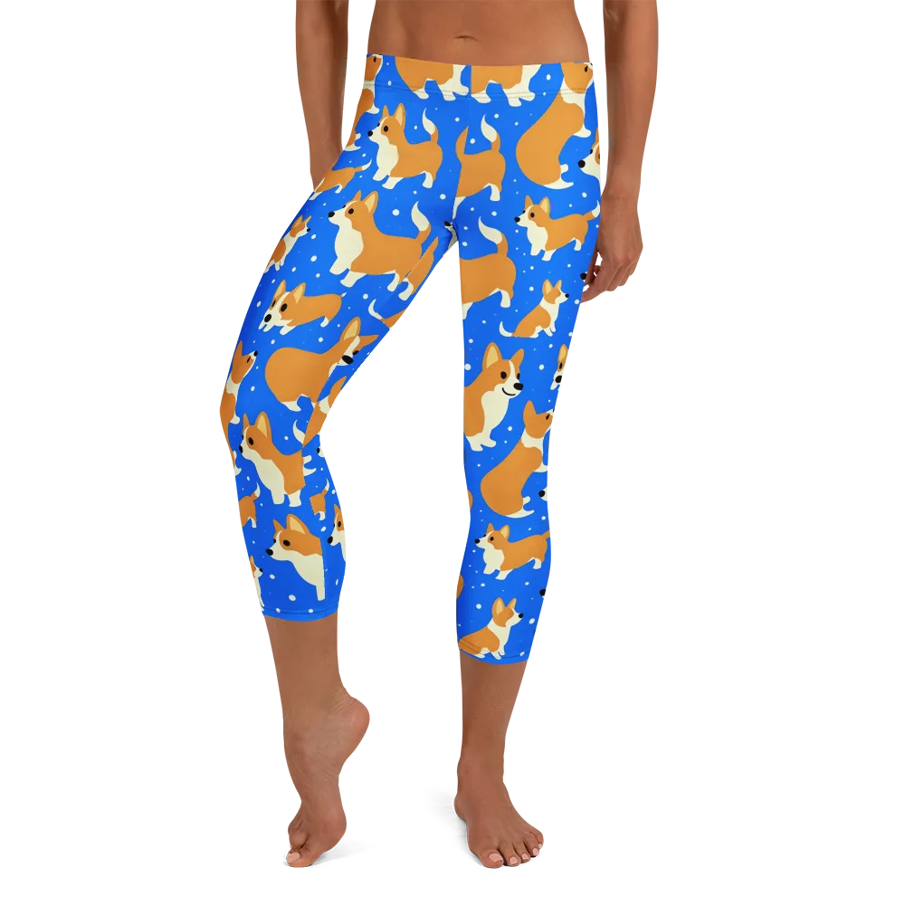 Corgi Snowglobe on Capri Leggings — Front