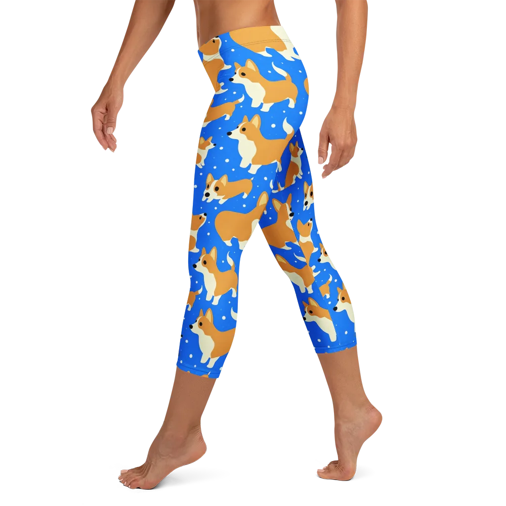 Corgi Snowglobe on Capri Leggings — Left